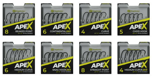 RidgeMonkey Ape-X Apex Hooks - Curve, Beaked, Continental, Straight, Chod Hooks